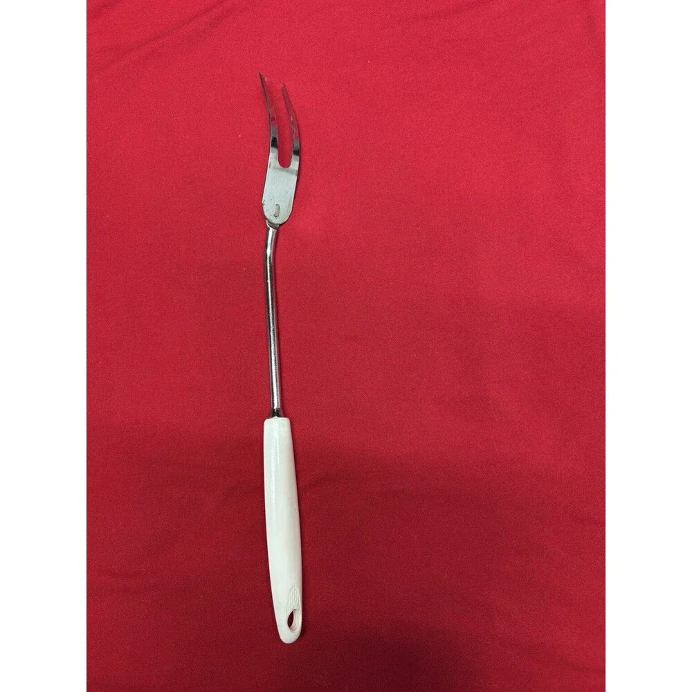Vintage EKCO 2-Prong Meat Carving Fork USA Chromium Plated White Handle 12.5”